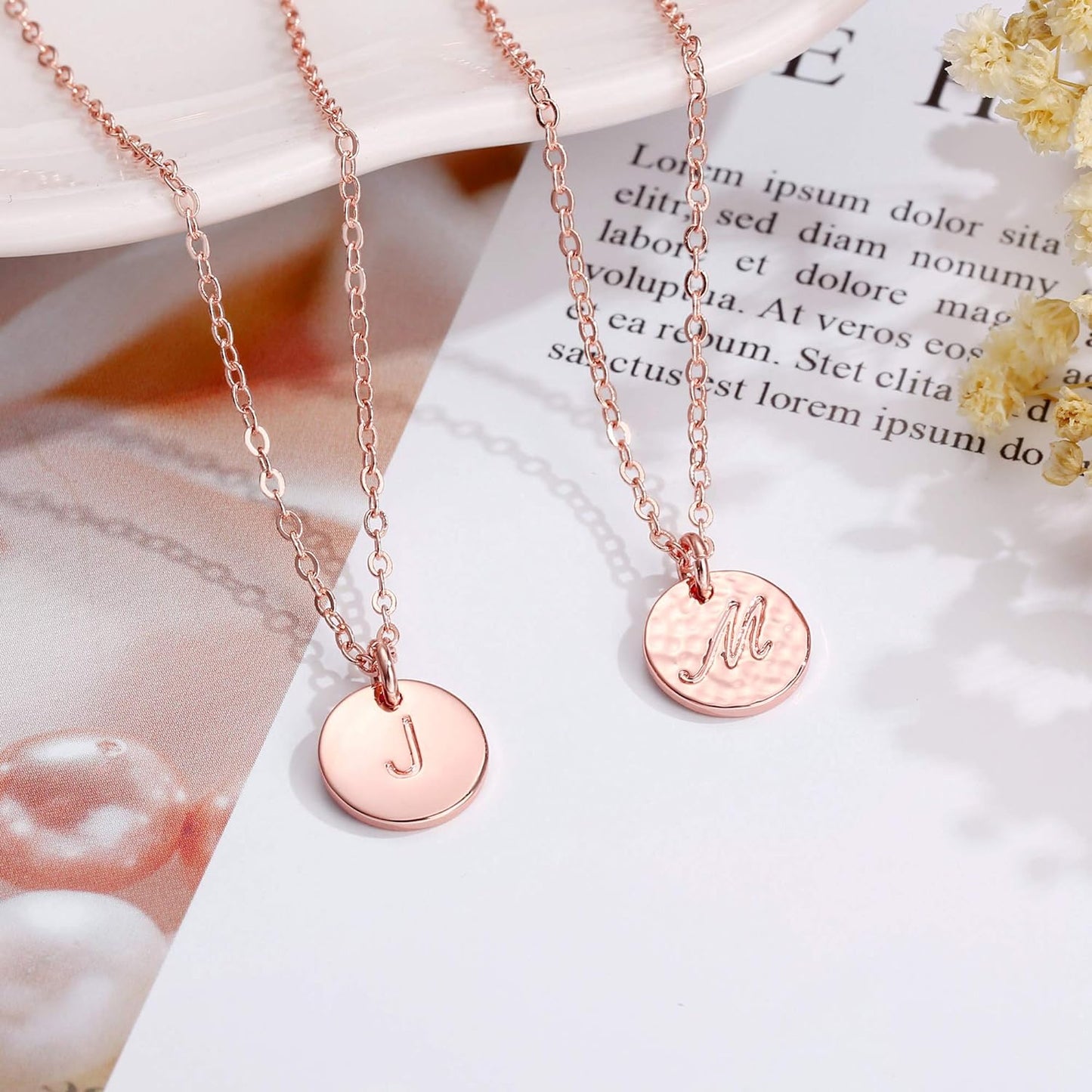 14K gold plated initial necklace for girls and women, featuring a sterling silver disc pendant with personalized initial design.