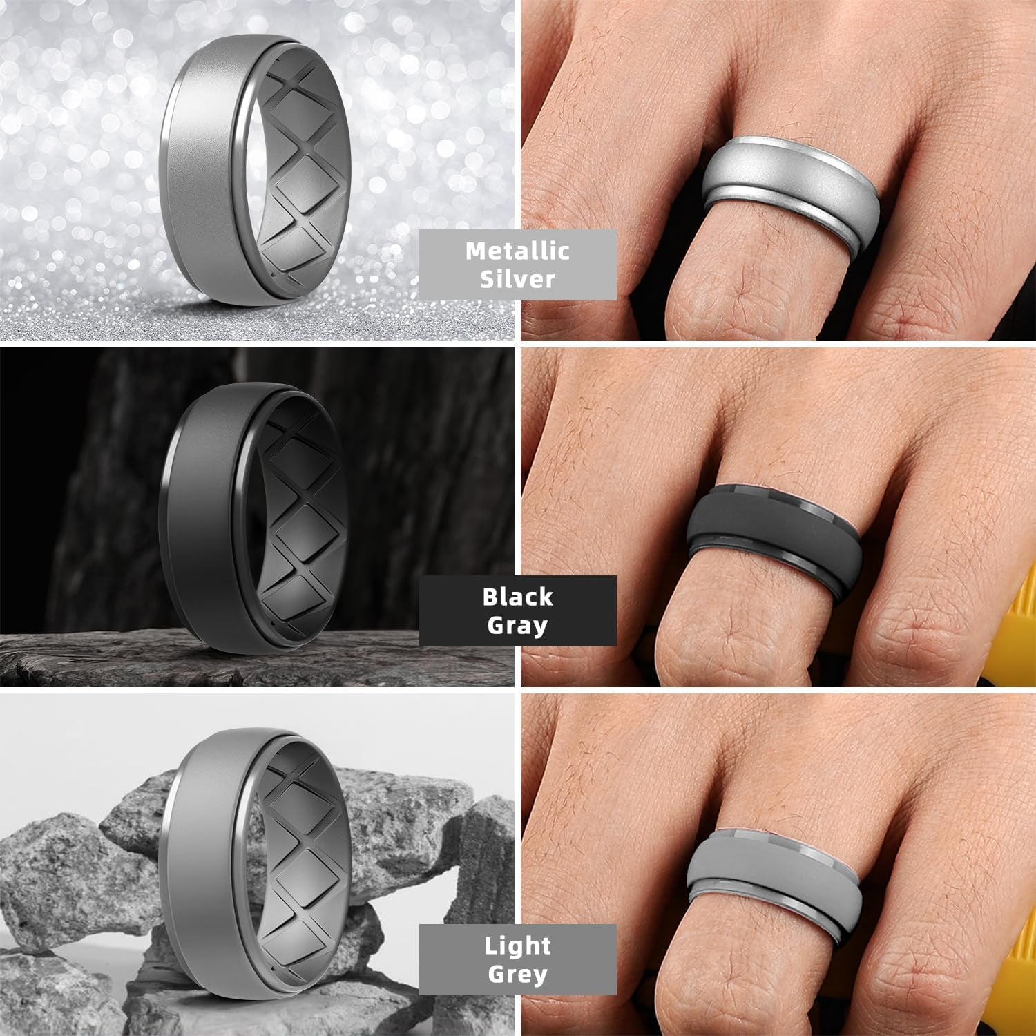 Love Languages™ silicone men's wedding band with inner arc design, breathable, 10mm wide, half sizes, 2.5mm thick rubber ring