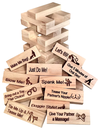 Couples' Date Night Jenga game by Love Languages™ featuring wooden blocks for romantic building and fun for two.