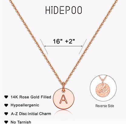 14K gold plated, rose gold plated, and S925 sterling silver disc initial necklaces for girls, teens, and women, featuring personalized jewelry.