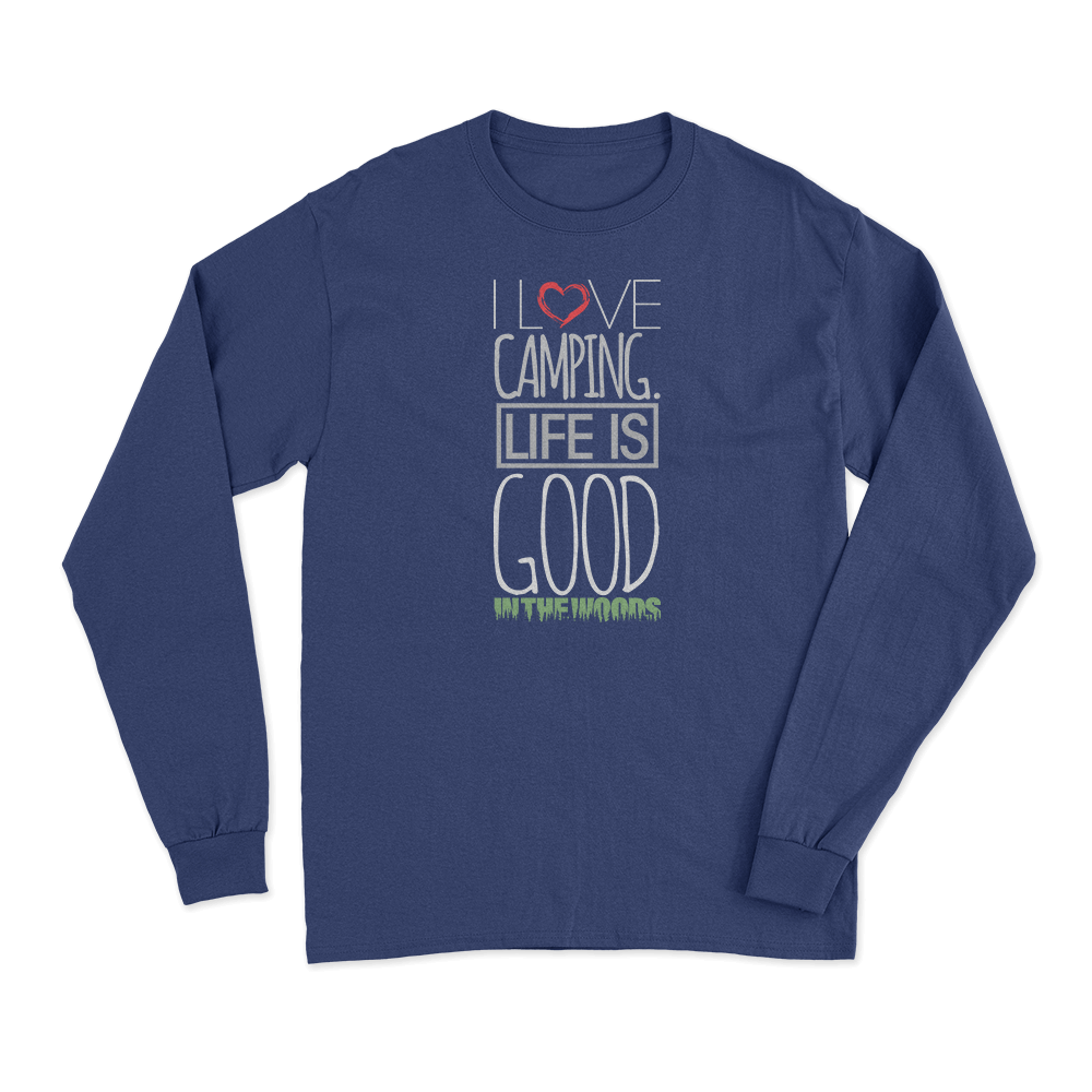 Love Languages™ I Love Camping In The Woods long sleeve T-shirt with woodland graphic and comfortable fit.