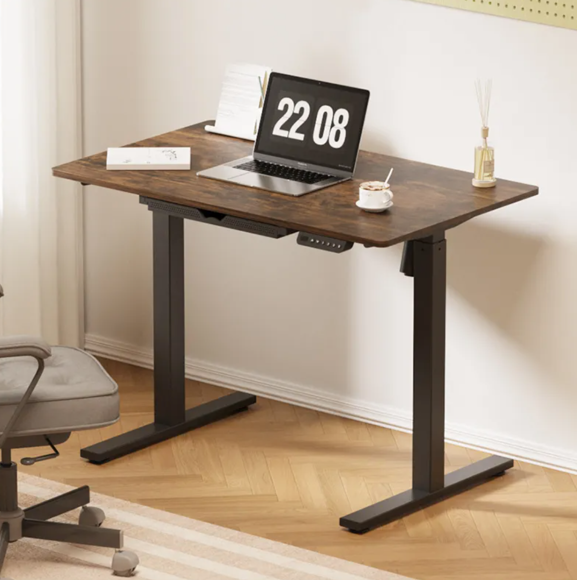 Smart electric standing desk by Love Languages™ with adjustable height, sleek surface, and modern design for ergonomic workspace setup.