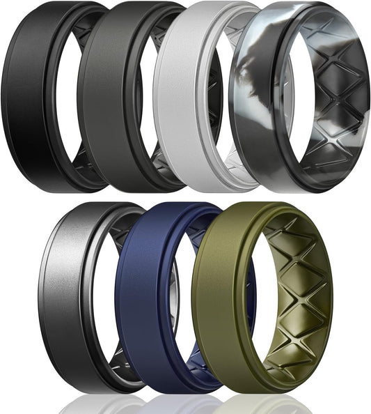 Men's silicone wedding rings by Love Languages™, 8mm x 2mm step edge rubber bands, multiple pack, suitable for workout and travel.